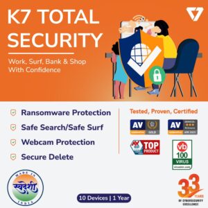 K7 Total Security Antivirus | 10 User 1 Year | Anti-Ransomware, Web Protection, Wi-Fi Security Advisor | Windows Desktop, Laptop, PC| Email Delivery in 2 hours